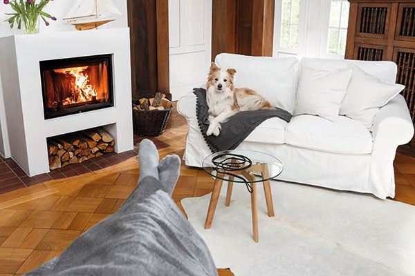 Patient ruht sich zu Hause vor dem Kamin mit seinem Hund aus.