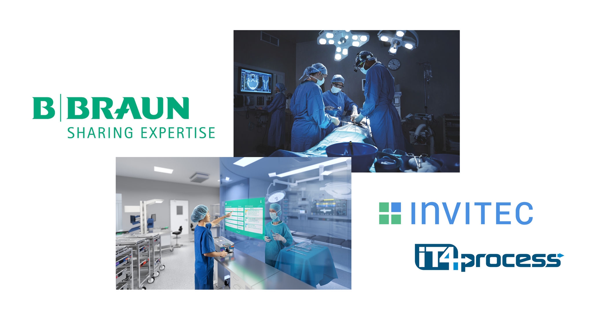 B. Braun- und INVITEC-Logos mit Bildern von medizinischen Fachkräften in einem Operationssaal, die die Daten der Patienten überwachen.
