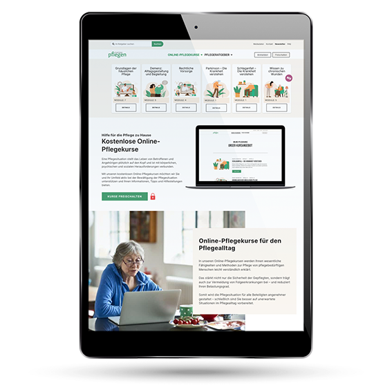 iPad mit Ansicht der Startseite Pflegekurse