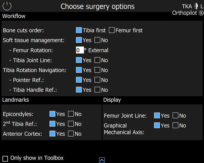 Screenshot der OrthoPilot® TKA Software – Auswahl der Operationsoptionen