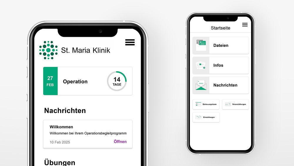 Zwei Smartphone-Bildschirme zeigen die ForPatientApp-Oberfläche mit der Startseite mit medizinischen Updates und einem Menü mit verschiedenen pflegebezogenen Optionen.