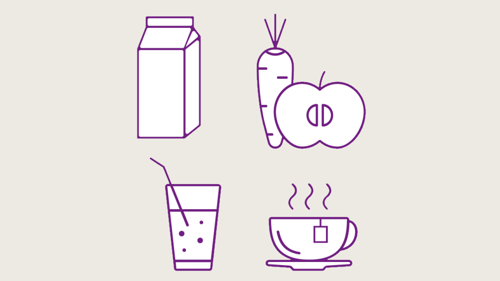 Milch, Tee, Sprudelwasser, Karotte und Apfel violett illustriert