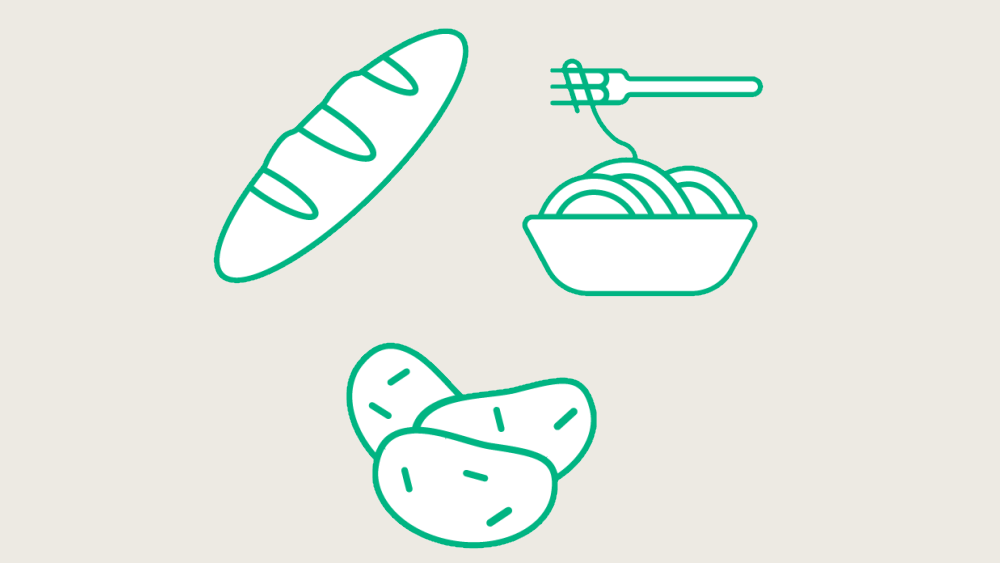 Brot, Kartoffeln und Nudeln grün illustriert
