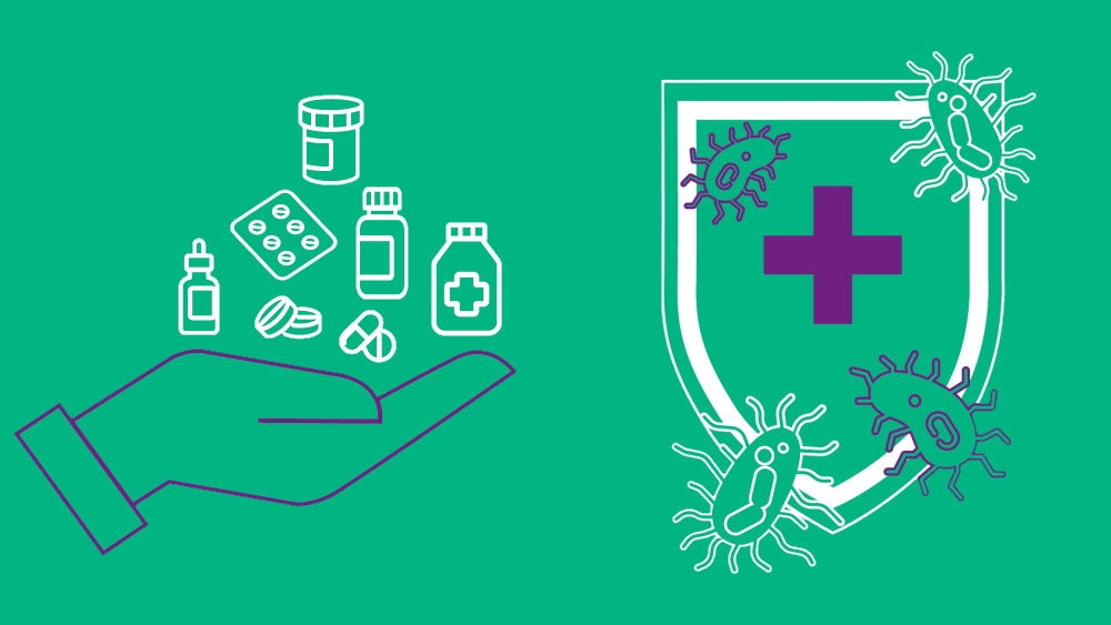 Abbildung einer Hand mit vielen Medikamenten und Schutzschild gegen Mikroben rechts