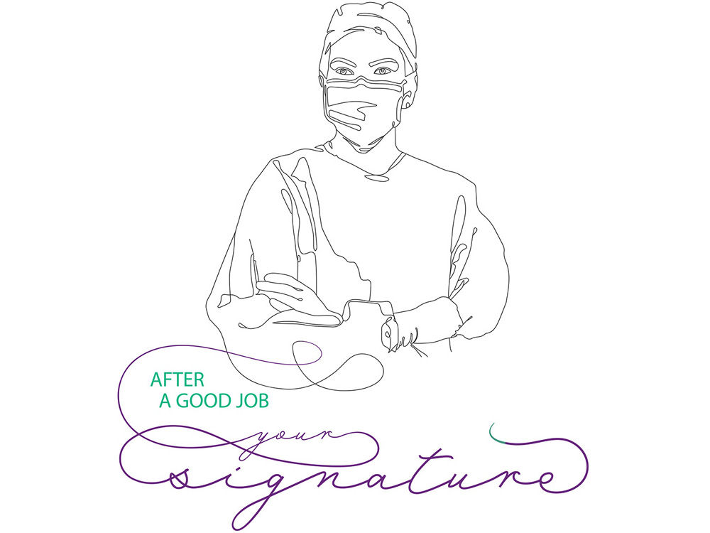 Illustration einer Chirurgin mit dem Slogan „After a good job, your signature.“