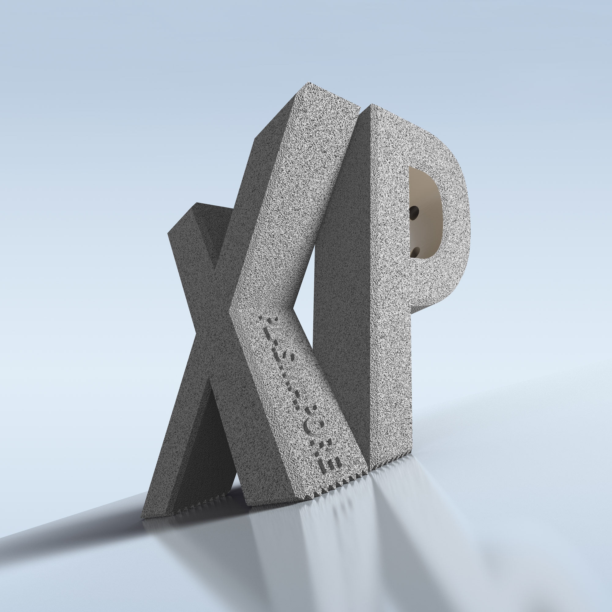 3D-Modell der Buchstaben x und p mit Plasmapore xp-Beschichtung, stehend auf einer steilen Fläche ohne zu rutschen, symbolisiert die hohe Anfangsstabilität des Implantats.