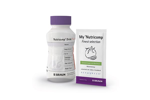 Produktflasche Nutricomp® Drink Plus Fibre Neutral und die Würzmischung My  ®Nutricomp