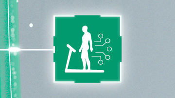 Eine Zeichnung eines Patienten, der auf einem Ergometer sitzt, daneben befindet sich ein Übungsball. Zwei Ärzte stehen neben ihm, geben ihm Anweisungen und dokumentieren seinen Fortschritt.