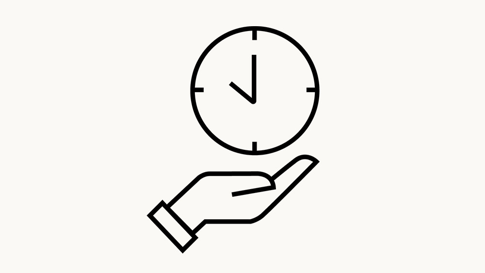 Symbol mit Linienzeichnung, die eine Hand zeigt, die eine Uhr hält, was auf die Zeitverwaltung hinweist