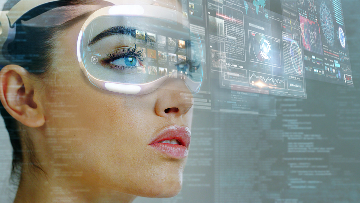Close up of beautiful young woman using  futuristic  glasses with augmented reality hologram., Close up of beautiful young woman using  futuristic  glasses wit